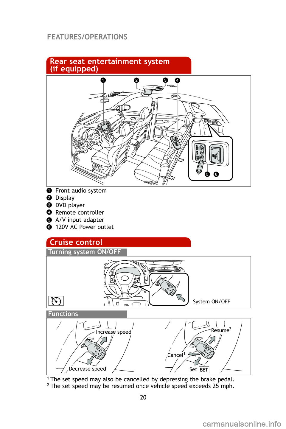 TOYOTA VENZA 2009  Owners Manual (in English) 20
FEATURES/OPERATIONS
Cruise control
1 The set speed may also be cancelled by depressing the brake pedal.2 The set speed may be resumed once vehicle speed exceeds 25 mph.
Turning system ON/OFF
Functi