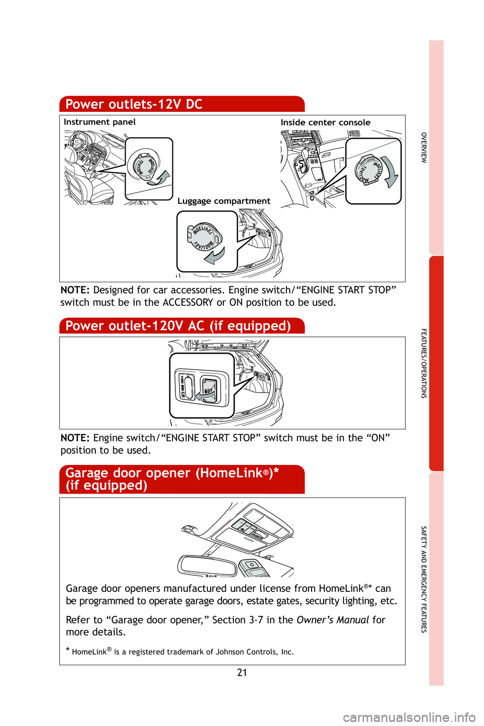 TOYOTA VENZA 2009  Owners Manual (in English) 21
OVERVIEW
FEATURES/OPERATIONS
SAFETY AND EMERGENCY FEATURES
Power outlets-12V DC
Garage door openers manufactured under license from HomeLink®* can
be programmed to operate garage doors, estate gat