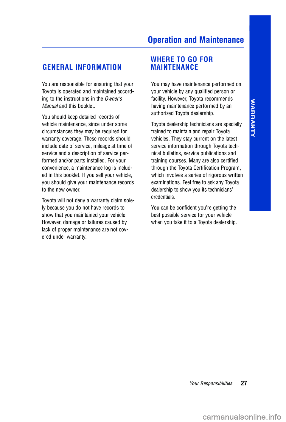 TOYOTA VENZA 2009  Warranties & Maintenance Guides (in English) 