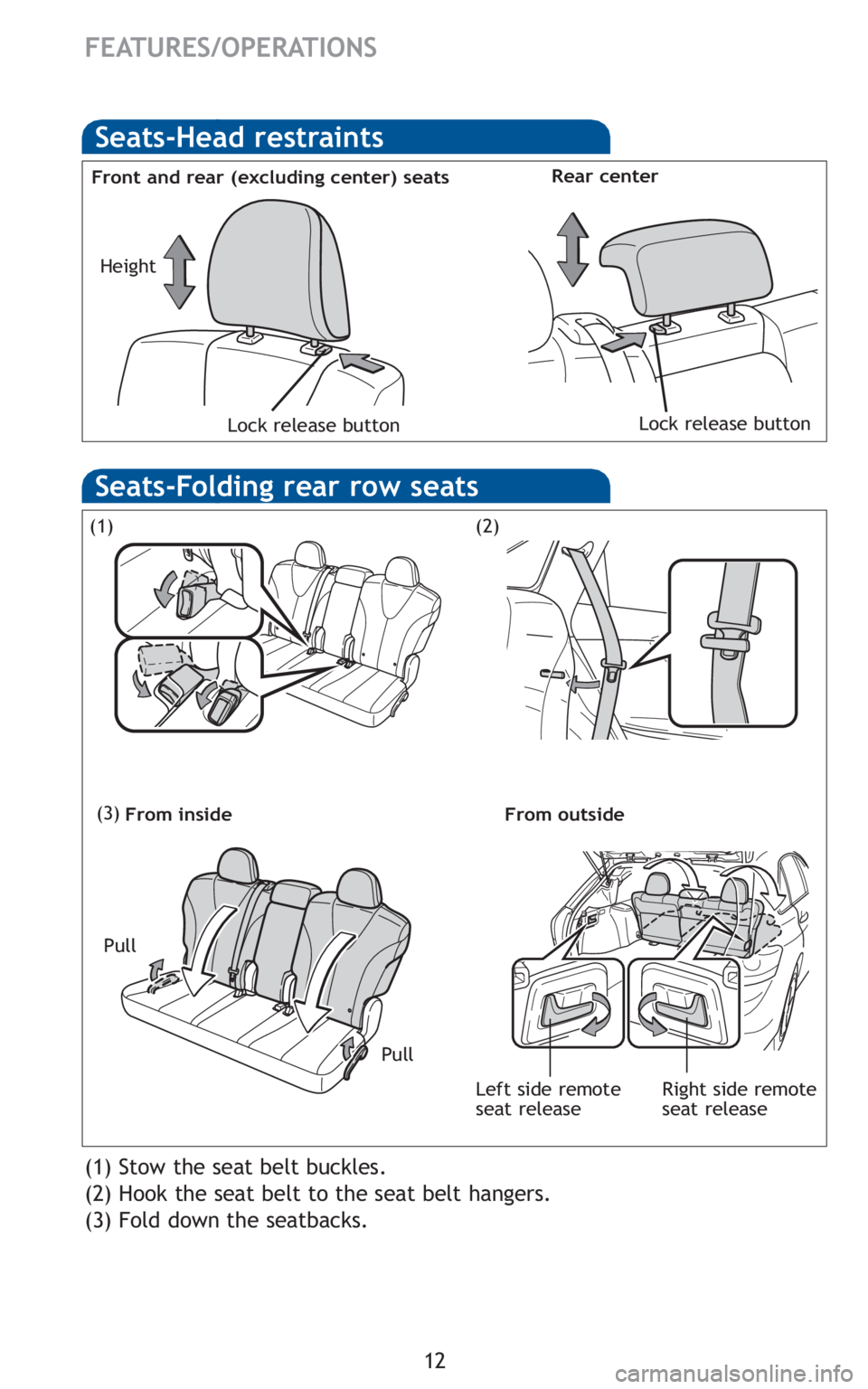 TOYOTA VENZA 2010  Owners Manual (in English) 12
FEATURES/OPERATIONS
Seats-Head restraints
Front and rear (excluding center) seatsRear center
Lock release buttonLock release button
Height
(1) Stow the seat belt buckles.
(2) Hook the seat belt to 