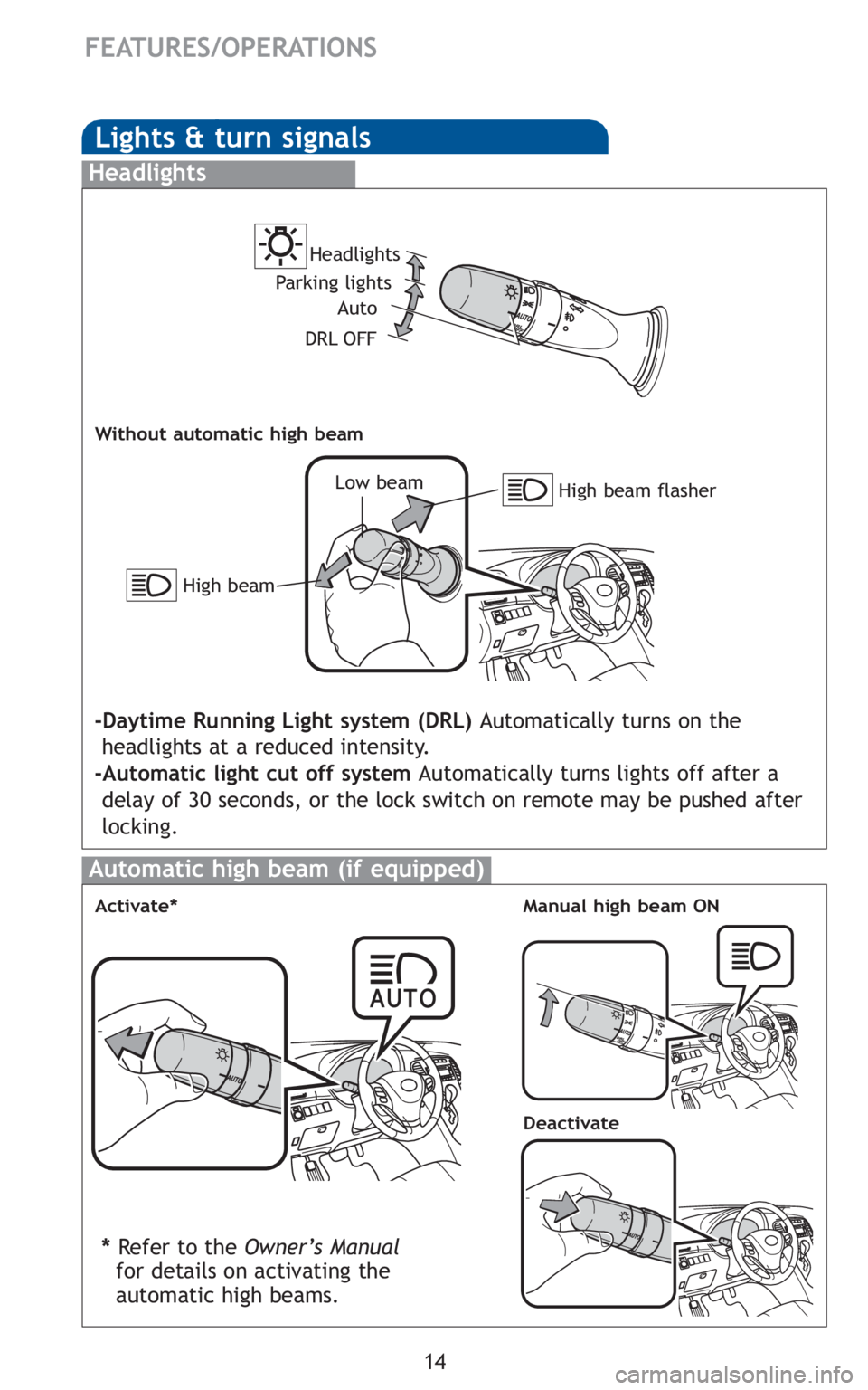 TOYOTA VENZA 2010  Owners Manual (in English) 14
FEATURES/OPERATIONS
Lights & turn signals
Headlights
High beam flasher Low beam Headlights
-Daytime Running Light system (DRL) Automatically turns on the
headlights at a reduced intensity.
-Automat
