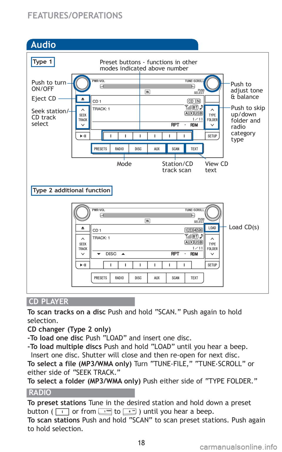 TOYOTA VENZA 2010 Owners Manual (in English) 18
FEATURES/OPERATIONS
Audio
RADIO
To preset stations Tune in the desired station and hold down a preset
button ( or from to ) until you hear a beep.
To scan stations Push and hold “SCAN” to sc TOYOTA VENZA 2010 Owners Manual (in English) 18
FEATURES/OPERATIONS
Audio
RADIO
To preset stations Tune in the desired station and hold down a preset
button ( or from to ) until you hear a beep.
To scan stations Push and hold “SCAN” to sc