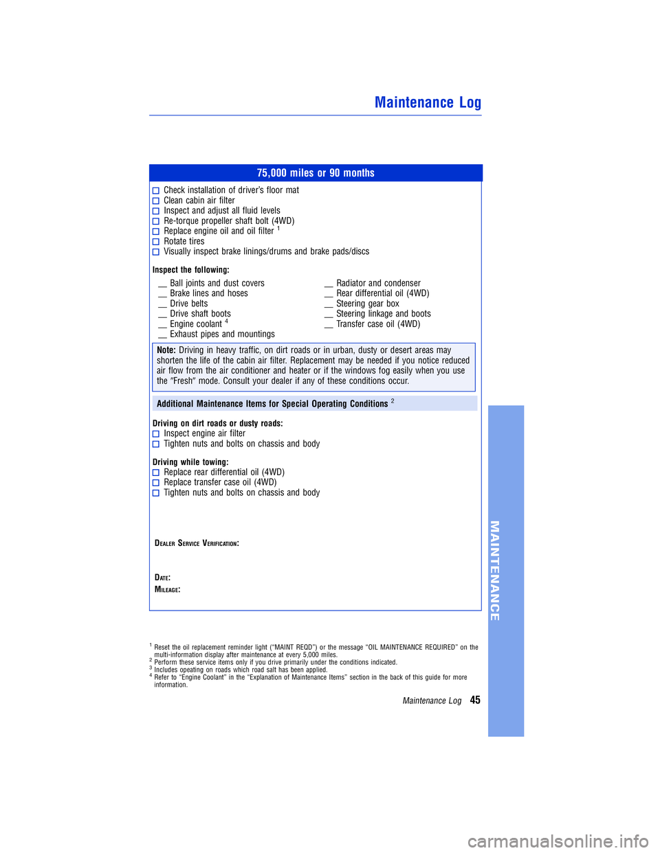 TOYOTA VENZA 2011  Warranties & Maintenance Guides (in English) JOBNAME: 317533-2011-ven-toyw PAGE: 45 SESS: 11 OUTPUT: Mon Sep 13 18:18:36 2010
/tweddle/toyota/sched-maint/317533-en-ven/wg
75,000 miles or 90 months
Check installation of driver’s floor matClean 