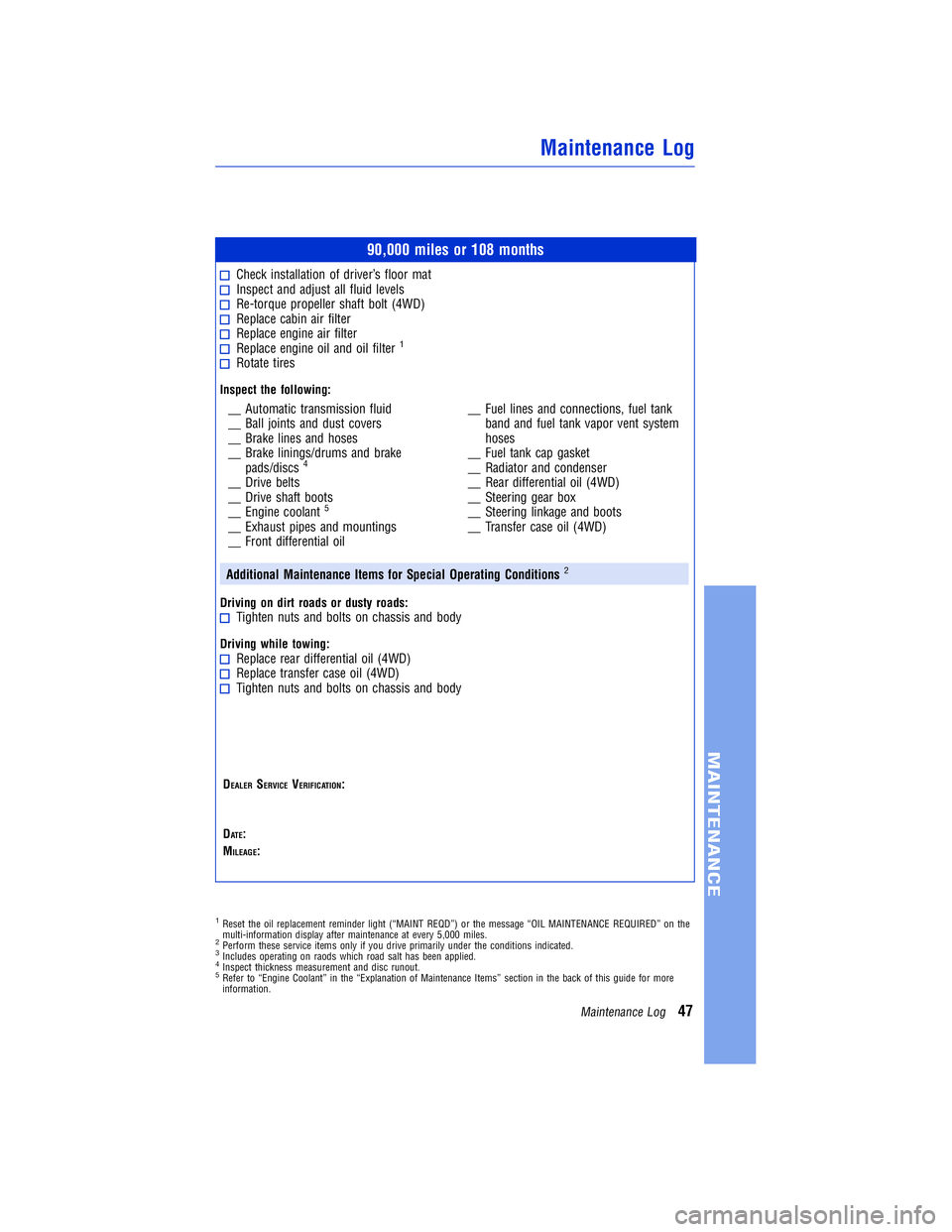 TOYOTA VENZA 2011  Warranties & Maintenance Guides (in English) JOBNAME: 317533-2011-ven-toyw PAGE: 47 SESS: 11 OUTPUT: Mon Sep 13 18:18:36 2010
/tweddle/toyota/sched-maint/317533-en-ven/wg
90,000 miles or 108 months
Check installation of driver’s floor matInspe