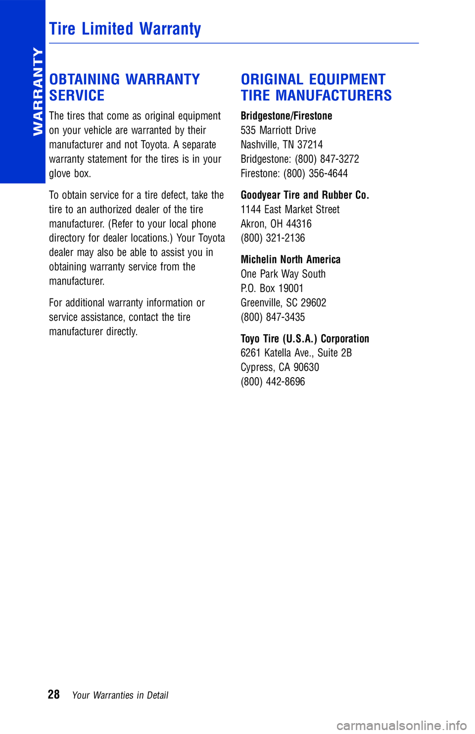 TOYOTA VENZA 2012 Warranties & Maintenance Guides (in English) OBTAINING WARRANTY
SERVICE
The tires that come as original equipment
on your vehicle are warranted by their
manufacturer and not Toyota. A separate
warranty statement for the tires is in your
glove bo TOYOTA VENZA 2012 Warranties & Maintenance Guides (in English) OBTAINING WARRANTY
SERVICE
The tires that come as original equipment
on your vehicle are warranted by their
manufacturer and not Toyota. A separate
warranty statement for the tires is in your
glove bo