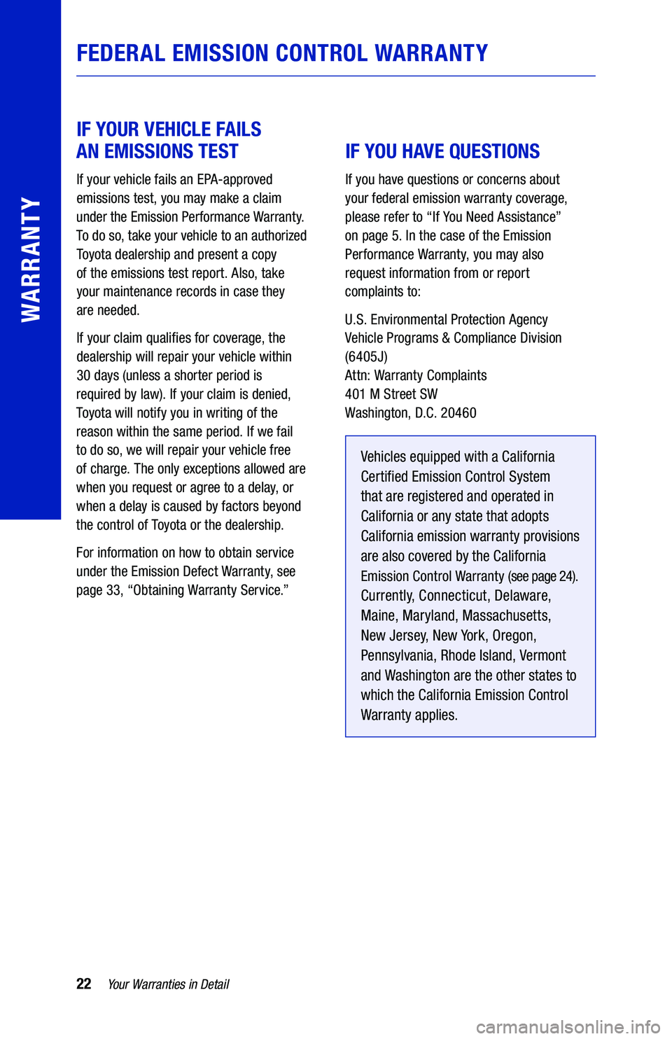 TOYOTA VENZA HYBRID 2021  Warranties & Maintenance Guides (in English) 22Yo u r Warranties  in Detail
WARRANTY
 
IF YOUR  VEHICLE  FAILS  
AN  EMISSIONS  TEST
If your vehicle  fails an EPA-approved 
emissions  test, you may  make  a claim   
under  the Emission  Performa