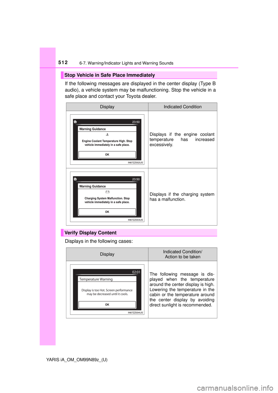 TOYOTA YARIS iA 2017  Owners Manual (in English) 5126-7. Warning/Indicator Lights and Warning Sounds
YARIS iA_OM_OM99N89z_(U)
If the following messages are displayed in the center display (Type B
audio), a vehicle system may be malfunctioning. Stop 