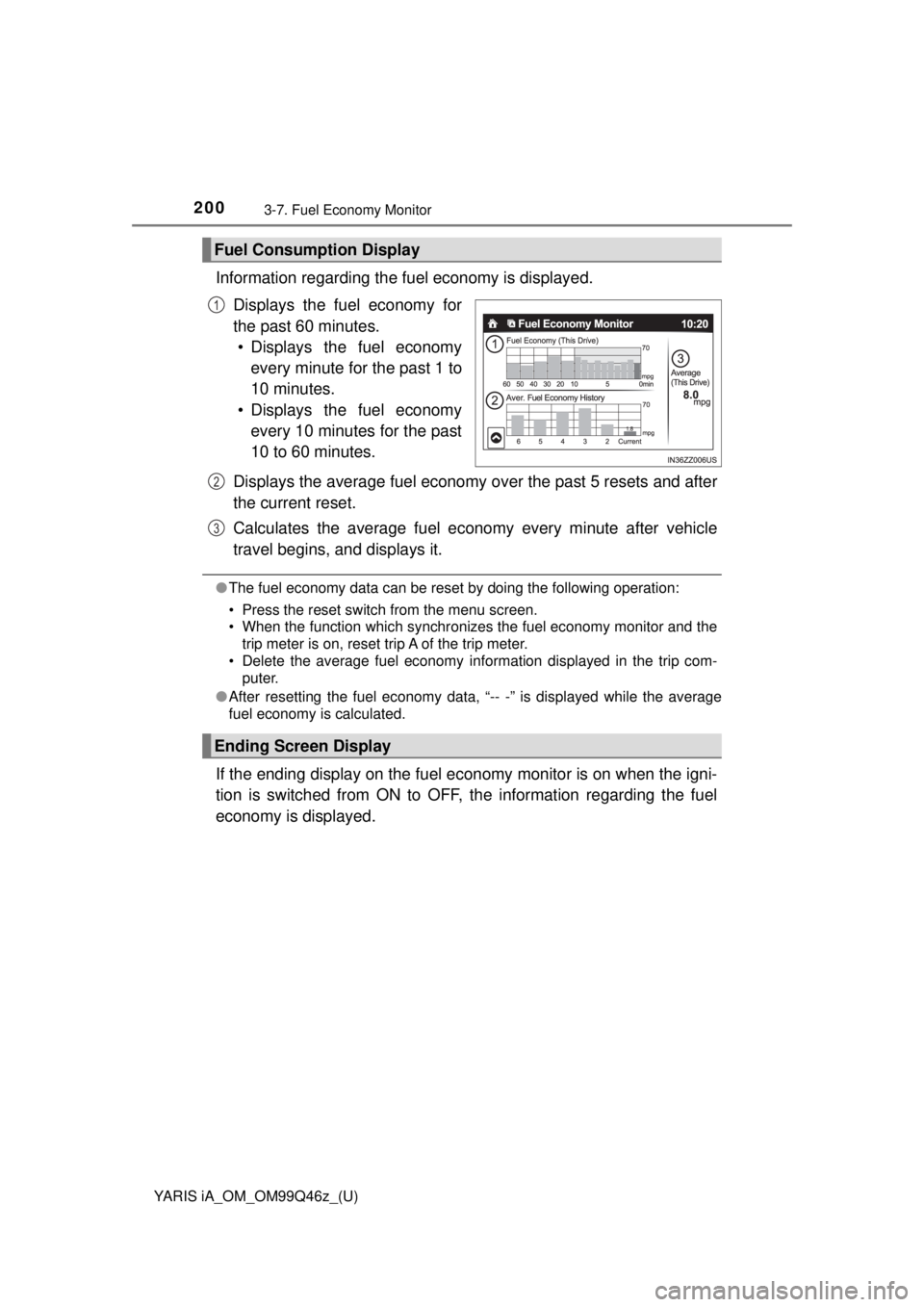 TOYOTA YARIS iA 2018 Owners Manual (in English) 200
YARIS iA_OM_OM99Q46z_(U)
3-7. Fuel Economy Monitor
Information regarding the fuel economy is displayed.Displays the fuel economy for
the past 60 minutes.• Displays the fuel economy
every minute TOYOTA YARIS iA 2018 Owners Manual (in English) 200
YARIS iA_OM_OM99Q46z_(U)
3-7. Fuel Economy Monitor
Information regarding the fuel economy is displayed.Displays the fuel economy for
the past 60 minutes.• Displays the fuel economy
every minute