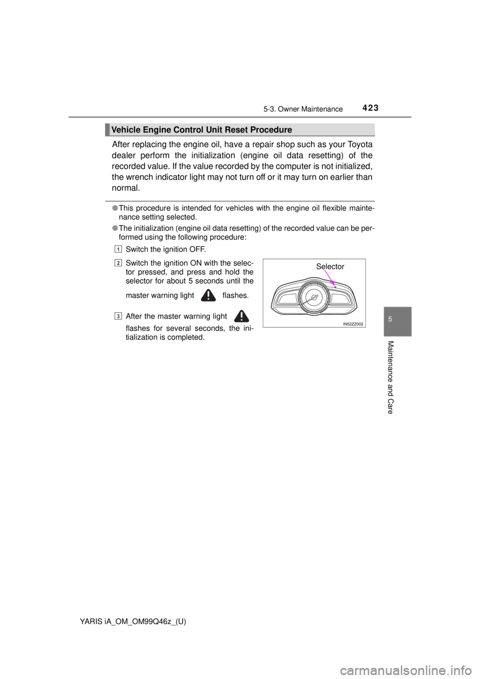 TOYOTA YARIS iA 2018  Owners Manual (in English) YARIS iA_OM_OM99Q46z_(U)
4235-3. Owner Maintenance
5
Maintenance and Care
After replacing the engine oil, have a repair shop such as your Toyota
dealer perform the initialization (engine oil data rese