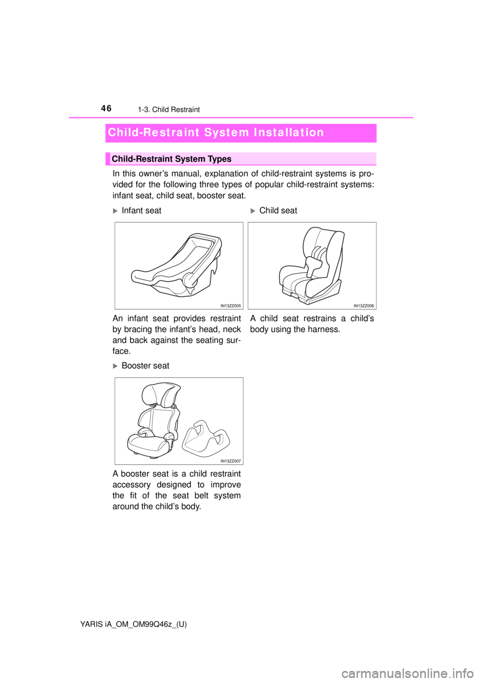 TOYOTA YARIS iA 2018  Owners Manual (in English) 46
YARIS iA_OM_OM99Q46z_(U)
1-3. Child Restraint
Child-Restraint System Installation
In this owner’s manual, explanation of child-restraint systems is pro-
vided for the following three types of  po
