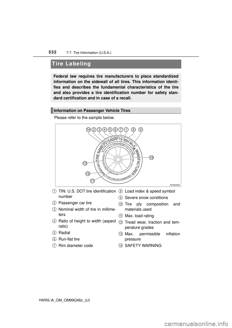 TOYOTA YARIS iA 2018  Owners Manual (in English) 532
YARIS iA_OM_OM99Q46z_(U)
7-7. Tire Information (U.S.A.)
Tire Labeling
Please refer to the sample below.
Federal law requires tire manufacturers to place standardized
information on the sidewall of