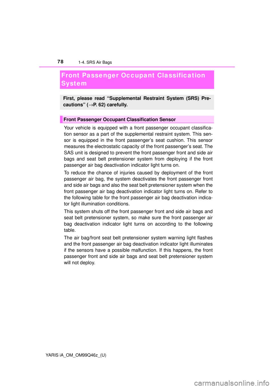 TOYOTA YARIS iA 2018 Owners Manual (in English) 78
YARIS iA_OM_OM99Q46z_(U)
1-4. SRS Air Bags
Front Passenger Occupant Classification
System
Your vehicle is equipped with a front passenger occupant classifica-
tion sensor as a part of the supple TOYOTA YARIS iA 2018 Owners Manual (in English) 78
YARIS iA_OM_OM99Q46z_(U)
1-4. SRS Air Bags
Front Passenger Occupant Classification
System
Your vehicle is equipped with a front passenger occupant classifica-
tion sensor as a part of the supple