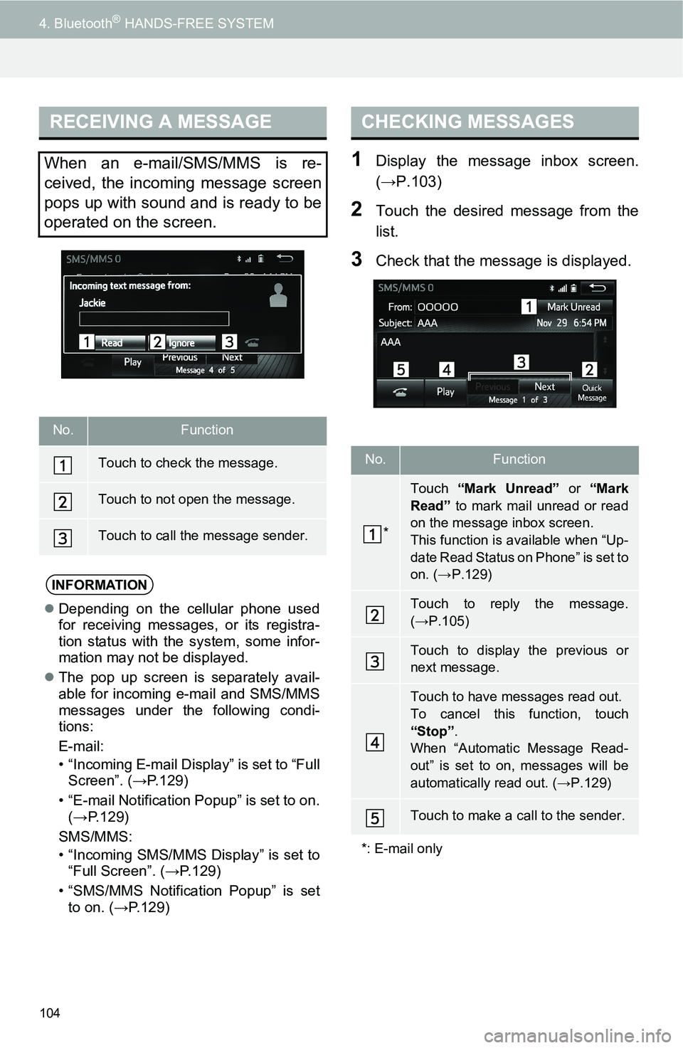 TOYOTA FR-S 2016  Accessories, Audio & Navigation (in English) 104
4. Bluetooth® HANDS-FREE SYSTEM
1Display the message inbox screen.
(→P.103)
2Touch the desired message from the
list.
3Check that the message is displayed.
RECEIVING A MESSAGE
When an e-mail/SM