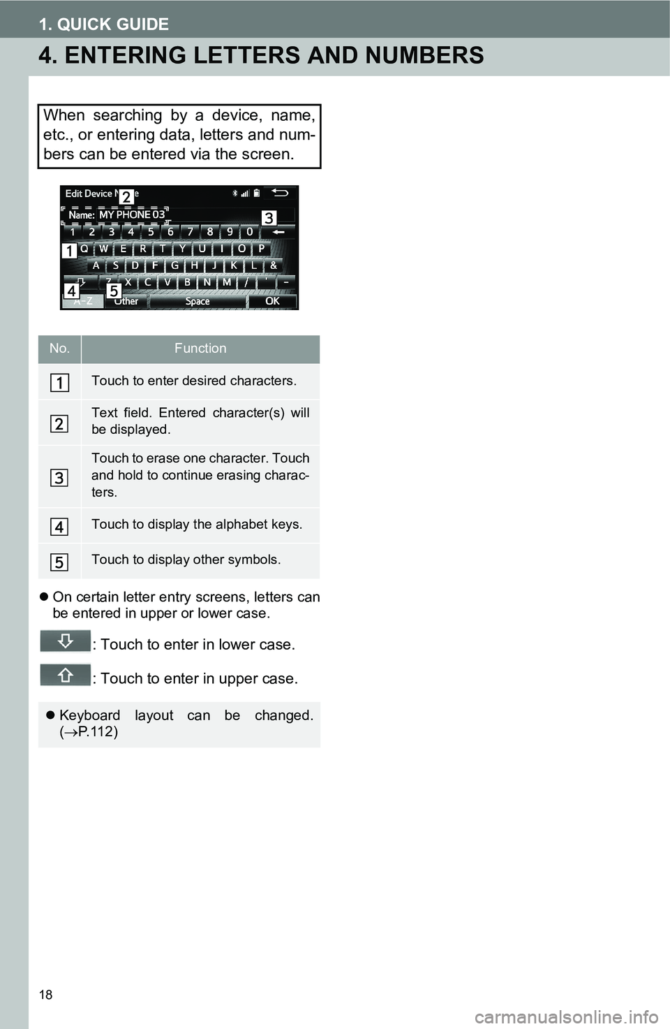TOYOTA FR-S 2016  Accessories, Audio & Navigation (in English) 18
1. QUICK GUIDE
4. ENTERING LETTERS AND NUMBERS
On certain letter entry screens, letters can
be entered in upper or lower case.
: Touch to enter in lower case.
: Touch to enter in upper case.
Whe