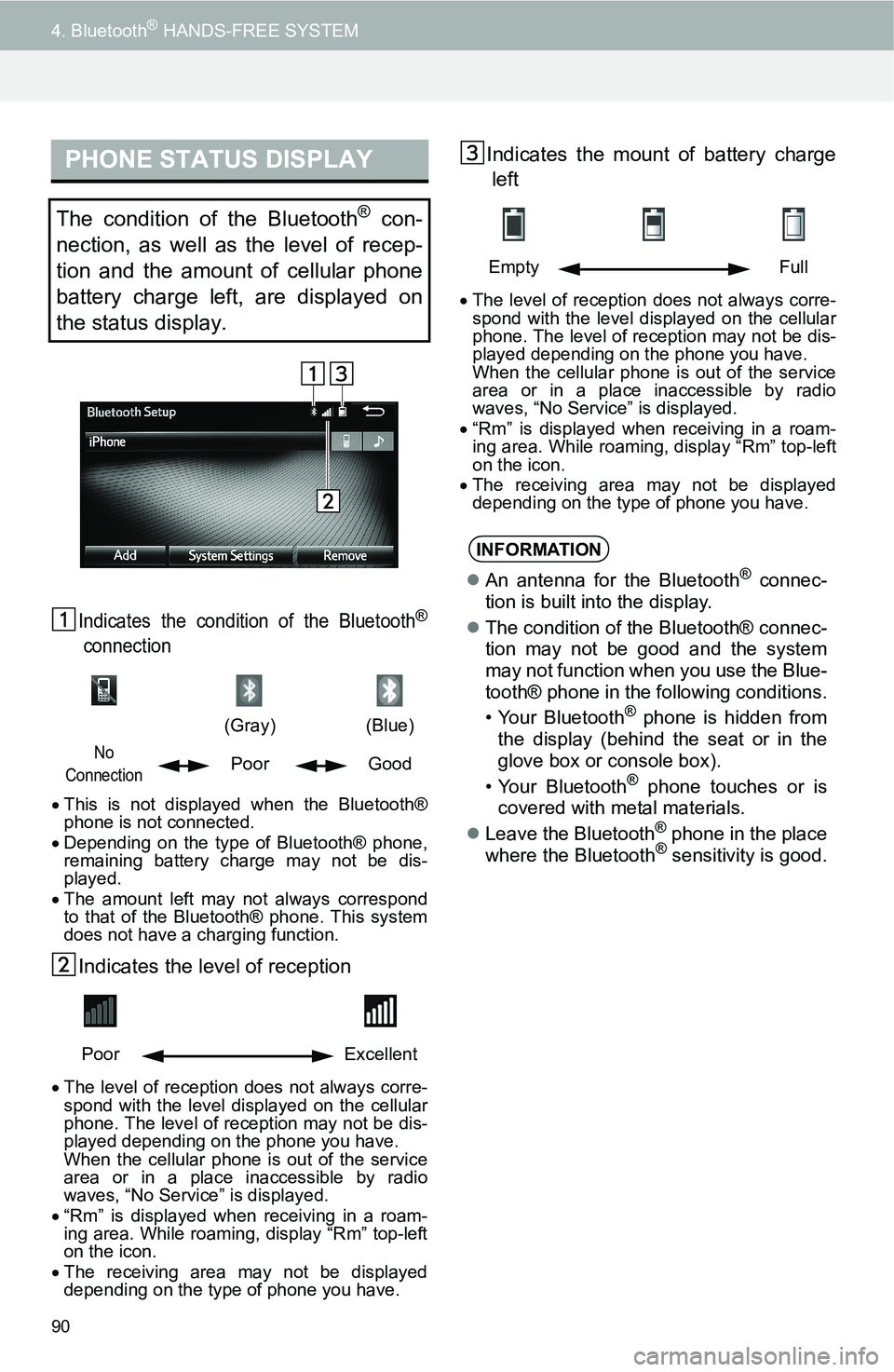 TOYOTA FR-S 2016  Accessories, Audio & Navigation (in English) 90
4. Bluetooth® HANDS-FREE SYSTEM
Indicates the condition of the Bluetooth®
connection
This is not displayed when the Bluetooth®
phone is not connected.
Depending on the type of Bluetooth® 