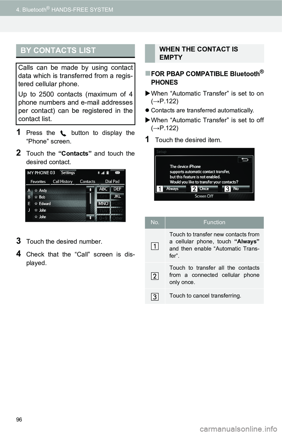 TOYOTA FR-S 2016  Accessories, Audio & Navigation (in English) 96
4. Bluetooth® HANDS-FREE SYSTEM
1Press the   button to display the
“Phone” screen.
2Touch the “Contacts” and touch the
desired contact.
3Touch the desired number.
4Check that the “Call