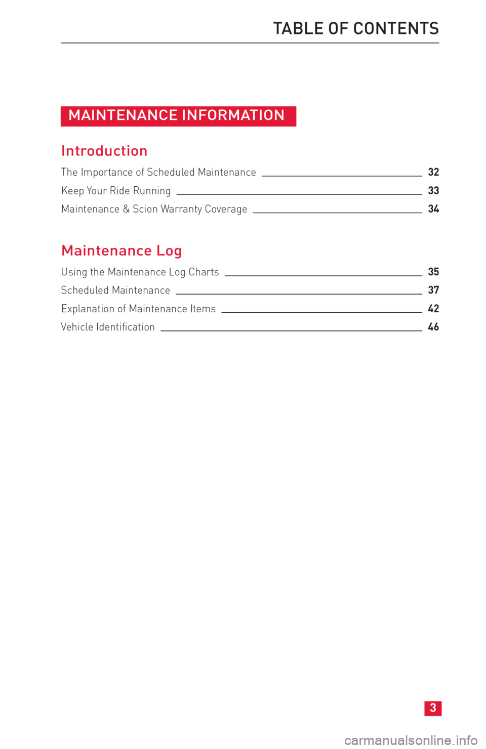 TOYOTA FR-S 2016  Warranties & Maintenance Guides (in English) MAINTENANCE INFORMATION
Introduction
The Importance of Scheduled Maintenance32
Keep Your Ride Running33
Maintenance & Scion Warranty Coverage34
Maintenance Log
Using the Maintenance Log Charts35
Sched