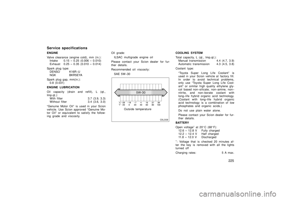 TOYOTA xA 2006 Owners Manual (in English) 225
Service specifications
ENGINE
Valve clearance (engine cold), mm (in.):Intake 0.15 – 0.25 (0.006 – 0.010)
Exhaust 0.25 – 0.35 (0.010 – 0.014)
Spark plug type: DENSO K16R −U
NGK BKR5EYA
TOYOTA xA 2006 Owners Manual (in English) 225
Service specifications
ENGINE
Valve clearance (engine cold), mm (in.):Intake 0.15 – 0.25 (0.006 – 0.010)
Exhaust 0.25 – 0.35 (0.010 – 0.014)
Spark plug type: DENSO K16R −U
NGK BKR5EYA