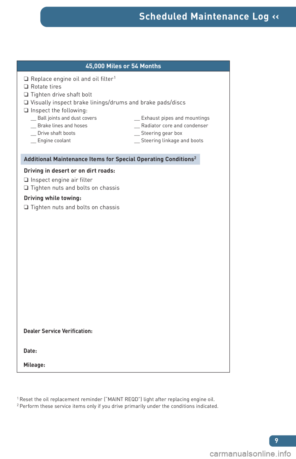TOYOTA xB 2006  Warranties & Maintenance Guides (in English) 
9
Scheduled Maintenance Log ‹‹
1 Reset the oil replacement reminder (“MAINT REQD”) light after replacing engine oil.2 Perform these service items only if you drive primarily under the conditi