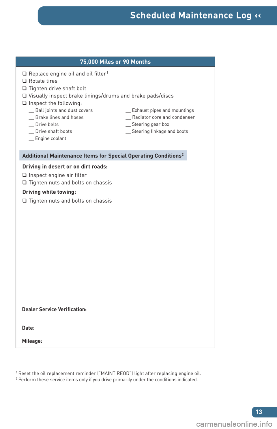 TOYOTA xB 2006  Warranties & Maintenance Guides (in English) 
13
Scheduled Maintenance Log ‹‹
1 Reset the oil replacement reminder (“MAINT REQD”) light after replacing engine oil.2 Perform these service items only if you drive primarily under the condit