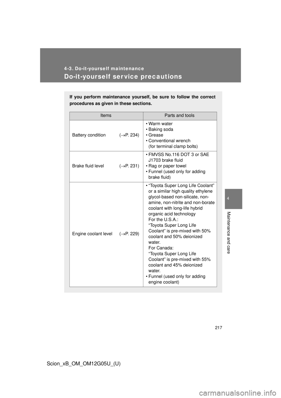 TOYOTA xB 2013  Owners Manual (in English) 217
4
Maintenance and care
Scion_xB_OM_OM12G05U_(U)
4-3. Do-it-yourself maintenance
Do-it-yourself ser vice precautions
If you perform maintenance yourself, be sure to follow the correct
procedures as