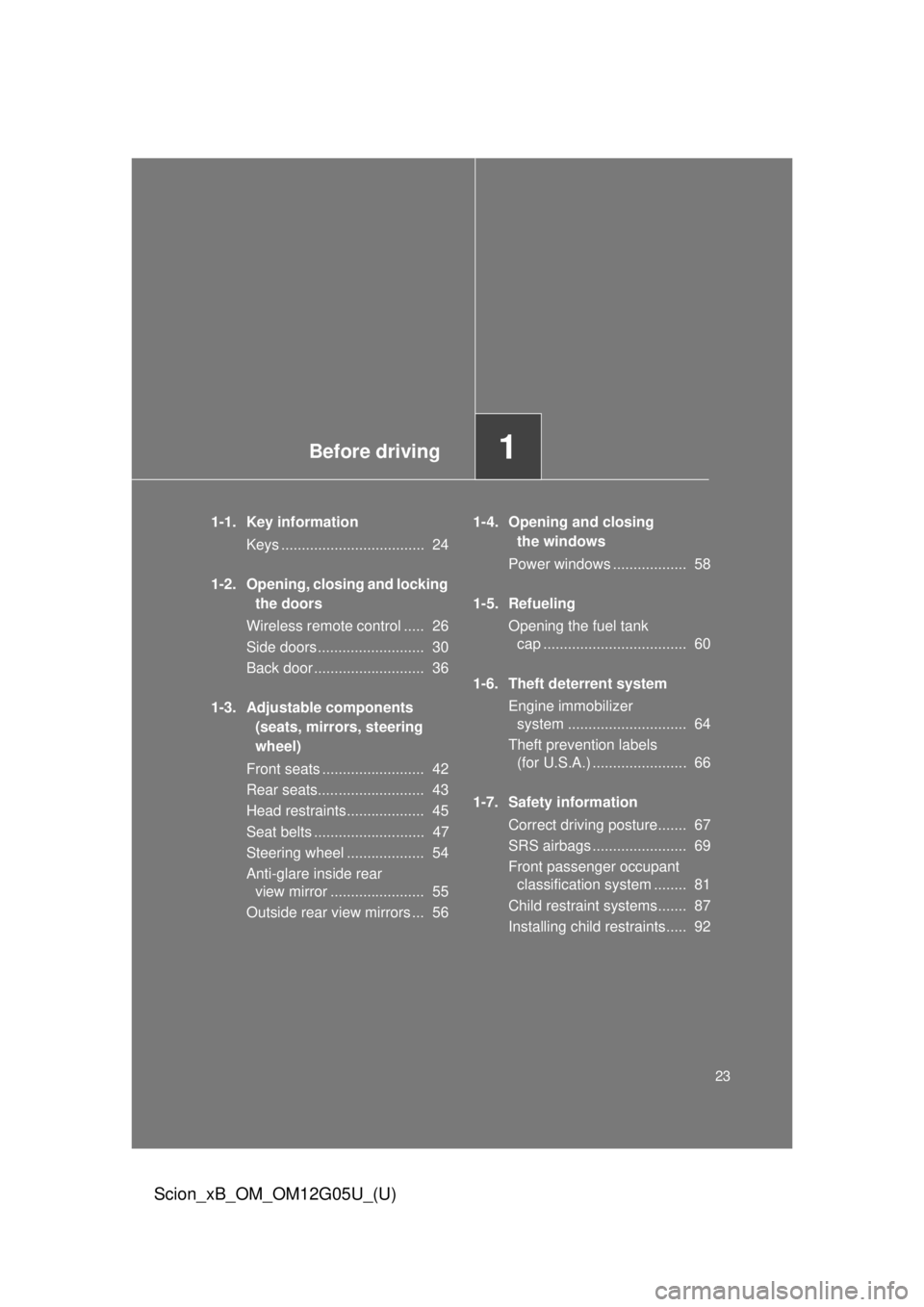 TOYOTA xB 2013 Owners Manual (in English) Before driving1
23
Scion_xB_OM_OM12G05U_(U)
1-1. Key informationKeys ................................... 24
1-2. Opening, closing and locking the doors
Wireless remote control ..... 26
Side doors . TOYOTA xB 2013 Owners Manual (in English) Before driving1
23
Scion_xB_OM_OM12G05U_(U)
1-1. Key informationKeys ................................... 24
1-2. Opening, closing and locking the doors
Wireless remote control ..... 26
Side doors .