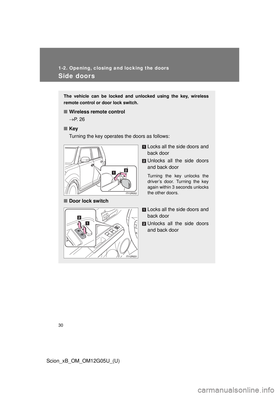 TOYOTA xB 2013  Owners Manual (in English) 30
1-2. Opening, closing and locking the doors
Scion_xB_OM_OM12G05U_(U)
Side doors
The vehicle can be locked and unlocked using the key, wireless
remote control or door lock switch.
■Wireless remote