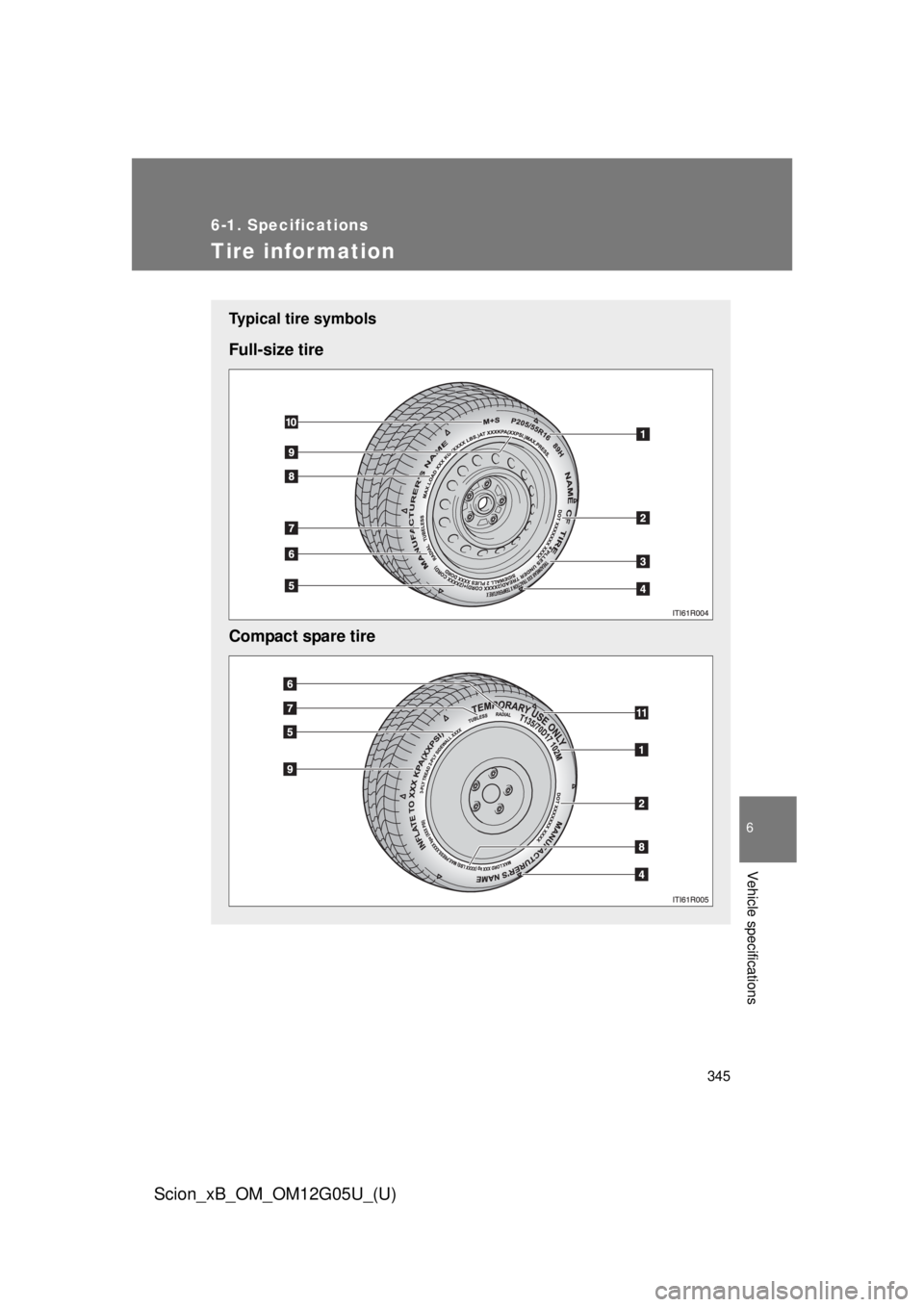 TOYOTA xB 2013  Owners Manual (in English) 345
6-1. Specifications
6
Vehicle specifications
Scion_xB_OM_OM12G05U_(U)
Tire infor mation
Typical tire symbols
Full-size tire
Compact spare tire 