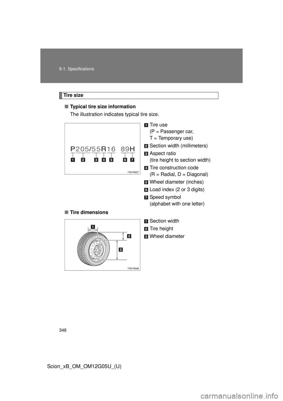 TOYOTA xB 2013  Owners Manual (in English) 348 6-1. Specifications
Scion_xB_OM_OM12G05U_(U)
Tire size■ Typical tire size information
The illustration indicates typical tire size.
Tire use
(P = Passenger car, 
T = Temporary use)
Section width