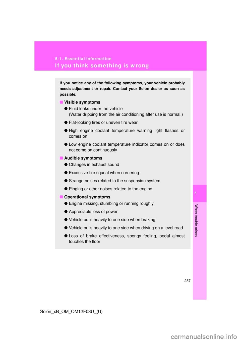 TOYOTA xB 2015  Owners Manual (in English) 5
When trouble arises
287
5-1. Essential information
Scion_xB_OM_OM12F03U_(U)
If you think something is wrong
If you notice any of the following symptoms, your vehicle probably
needs adjustment or rep