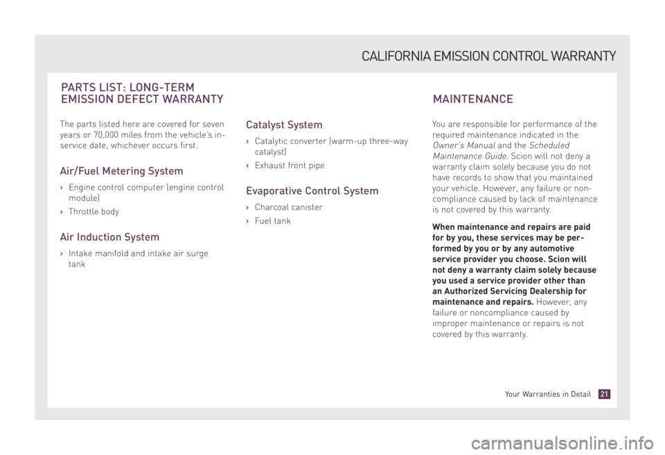 TOYOTA xD 2008 Warranties & Maintenance Guides (in English) The parts listed here are covered for seven
years or 70,000 miles from the vehicle’s in-
service date, whichever occurs first.
Air/Fuel Metering System
›Engine control computer (engine control
mod TOYOTA xD 2008 Warranties & Maintenance Guides (in English) The parts listed here are covered for seven
years or 70,000 miles from the vehicle’s in-
service date, whichever occurs first.
Air/Fuel Metering System
›Engine control computer (engine control
mod