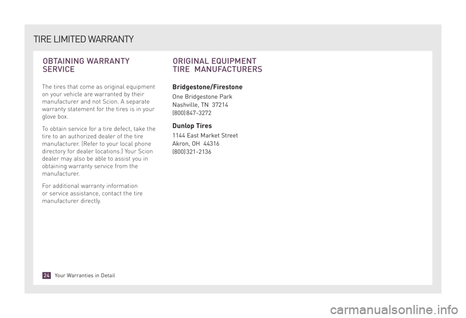 TOYOTA xD 2008  Warranties & Maintenance Guides (in English) The tires that come as original equipment
on your vehicle are warranted by their
manufacturer and not Scion. A separate
warranty statement for the tires is in your
glove box.
To obtain service for a t