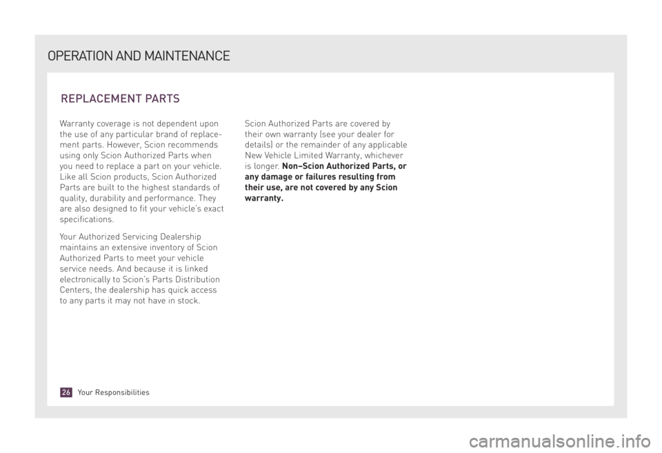TOYOTA xD 2008 Warranties & Maintenance Guides (in English) Warranty coverage is not dependent upon
the use of any particular brand of replace-
ment parts. However, Scion recommends
using only Scion Authorized Parts when
you need to replace a part on your vehi TOYOTA xD 2008 Warranties & Maintenance Guides (in English) Warranty coverage is not dependent upon
the use of any particular brand of replace-
ment parts. However, Scion recommends
using only Scion Authorized Parts when
you need to replace a part on your vehi