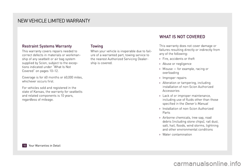 TOYOTA xD 2009  Warranties & Maintenance Guides (in English) Restraint Systems Warranty
This warranty covers repairs needed to 
correct defects in materials or workman-
ship of any seatbelt or air bag system
supplied by Scion, subject to the excep-
tions indica
