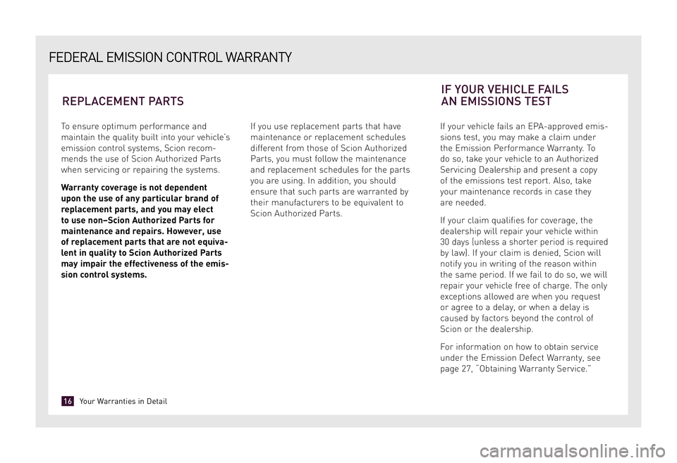 TOYOTA xD 2009 Warranties & Maintenance Guides (in English) To ensure optimum performance and
maintain the quality built into your vehicle’s
emission control systems, Scion recom-
mends the use of Scion Authorized Parts
when servicing or repairing the sys TOYOTA xD 2009 Warranties & Maintenance Guides (in English) To ensure optimum performance and
maintain the quality built into your vehicle’s
emission control systems, Scion recom-
mends the use of Scion Authorized Parts
when servicing or repairing the sys