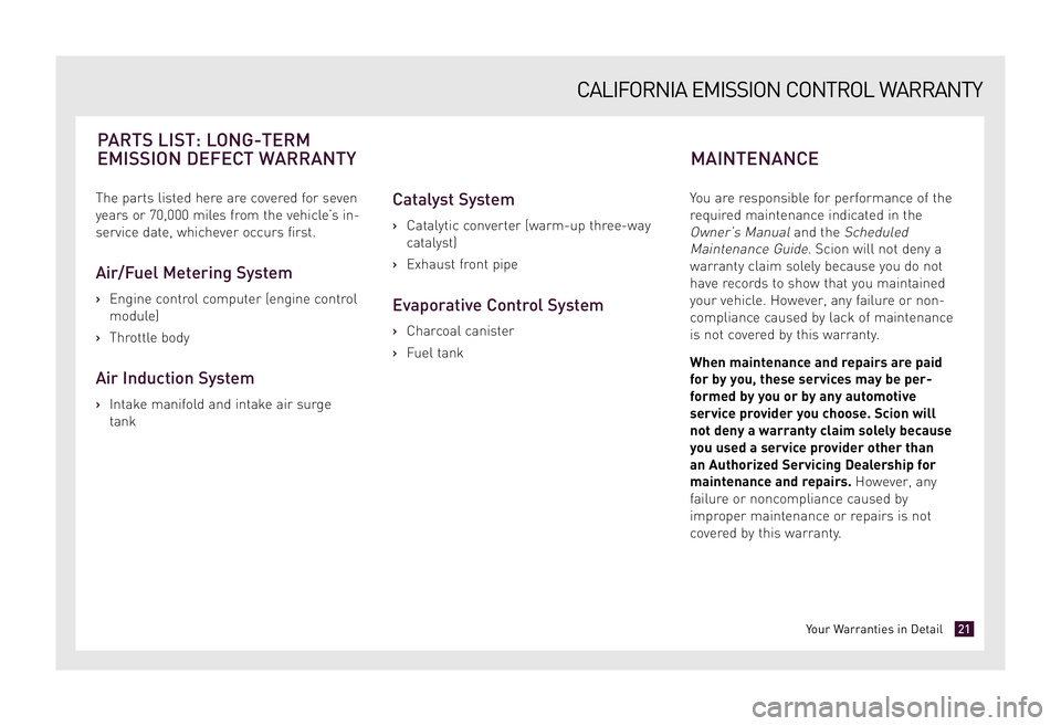 TOYOTA xD 2009 Warranties & Maintenance Guides (in English) The parts listed here are covered for seven
years or 70,000 miles from the vehicle’s in-
service date, whichever occurs first.
Air/Fuel Metering System
› Engine control computer (engine control
TOYOTA xD 2009 Warranties & Maintenance Guides (in English) The parts listed here are covered for seven
years or 70,000 miles from the vehicle’s in-
service date, whichever occurs first.
Air/Fuel Metering System
› Engine control computer (engine control