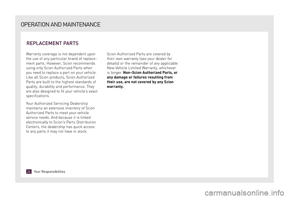 TOYOTA xD 2009 Warranties & Maintenance Guides (in English) Warranty coverage is not dependent upon
the use of any particular brand of replace-
ment parts. However, Scion recommends
using only Scion Authorized Parts when
you need to replace a part on your veh TOYOTA xD 2009 Warranties & Maintenance Guides (in English) Warranty coverage is not dependent upon
the use of any particular brand of replace-
ment parts. However, Scion recommends
using only Scion Authorized Parts when
you need to replace a part on your veh