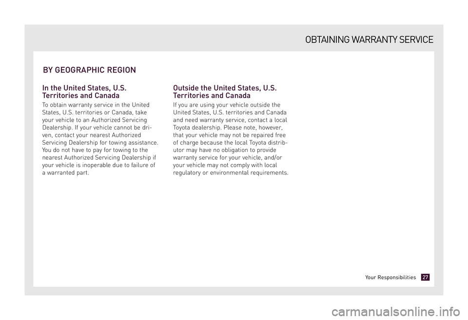 TOYOTA xD 2009 Warranties & Maintenance Guides (in English) In the United States, U.S.
Territories and Canada
To obtain warranty service in the United
States, U.S. territories or Canada, take
your vehicle to an Authorized Servicing
Dealership. If your vehicl TOYOTA xD 2009 Warranties & Maintenance Guides (in English) In the United States, U.S.
Territories and Canada
To obtain warranty service in the United
States, U.S. territories or Canada, take
your vehicle to an Authorized Servicing
Dealership. If your vehicl