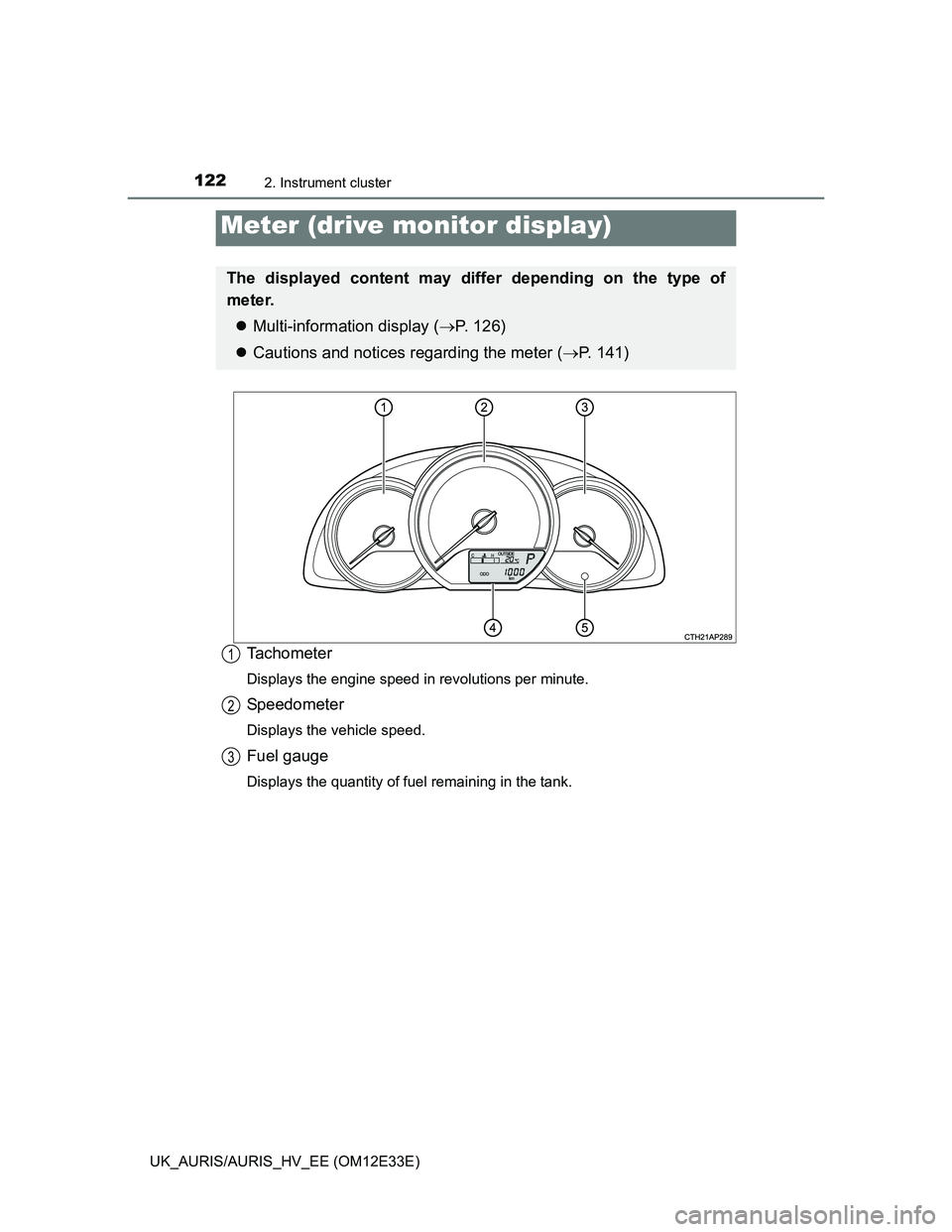 TOYOTA AURIS 2012  Owners Manual (in English) 1222. Instrument cluster
UK_AURIS/AURIS_HV_EE (OM12E33E)
Tachometer
Displays the engine speed in revolutions per minute.
Speedometer
Displays the vehicle speed.
Fuel gauge
Displays the quantity of fue