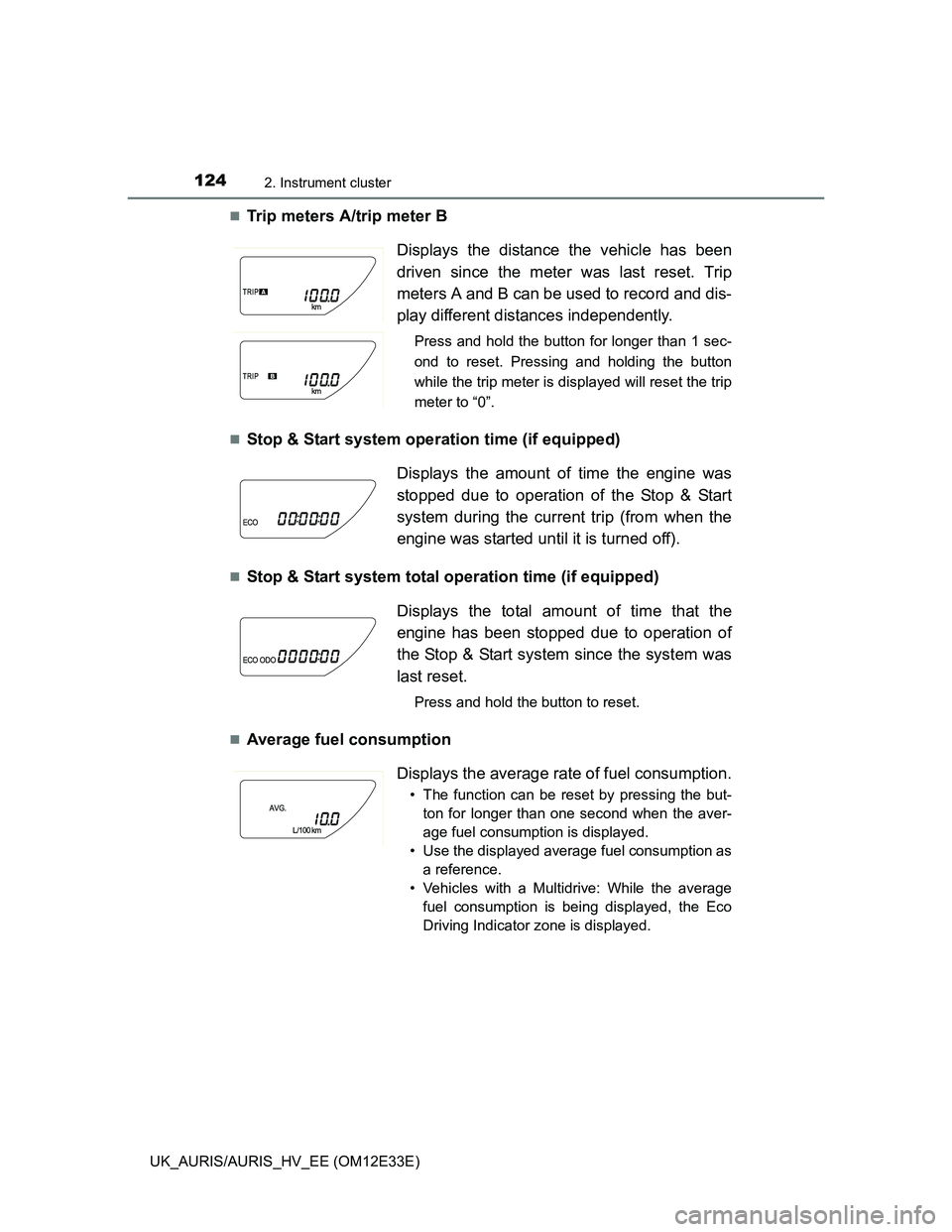 TOYOTA AURIS 2012  Owners Manual (in English) 1242. Instrument cluster
UK_AURIS/AURIS_HV_EE (OM12E33E)
Trip meters A/trip meter B
Stop & Start system operation time (if equipped)
Stop & Start system total operation time (if equipped)

