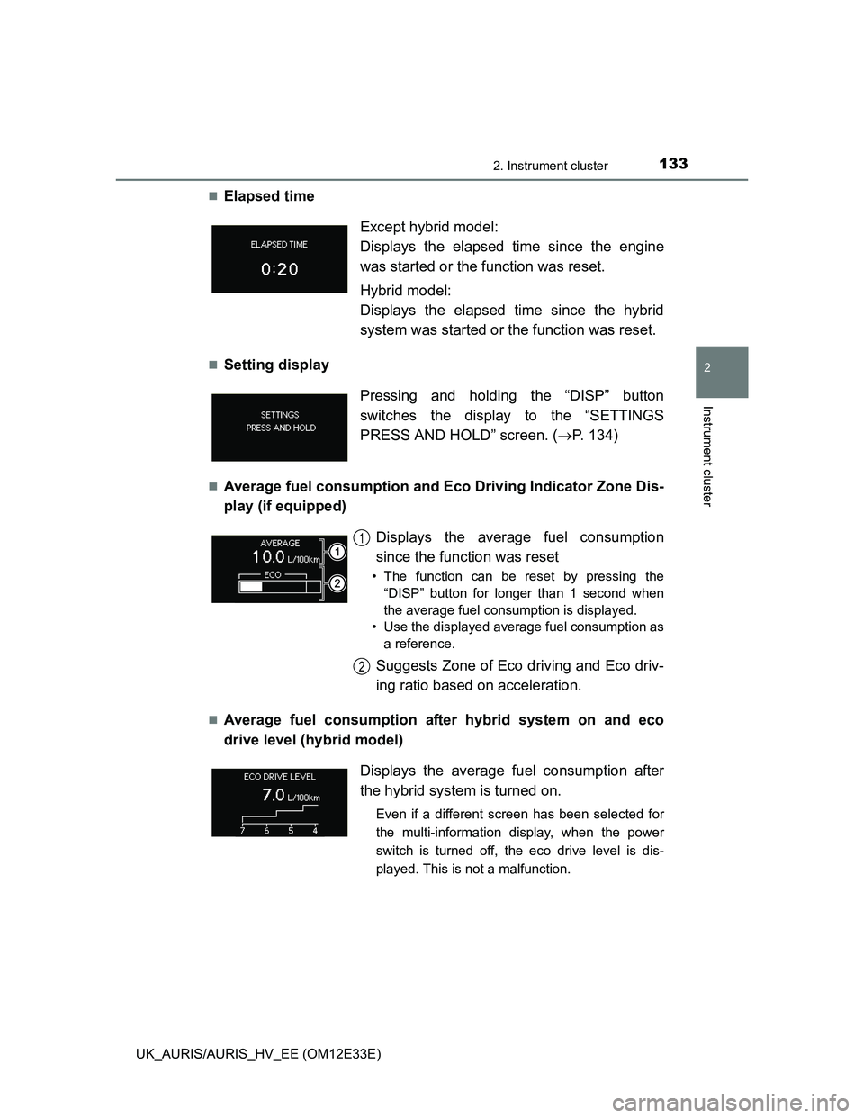 TOYOTA AURIS 2012  Owners Manual (in English) 1332. Instrument cluster
UK_AURIS/AURIS_HV_EE (OM12E33E)
2
Instrument cluster
Elapsed time
Setting display
Average fuel consumption and Eco Driving Indicator Zone Dis-
play (if equipped)
A