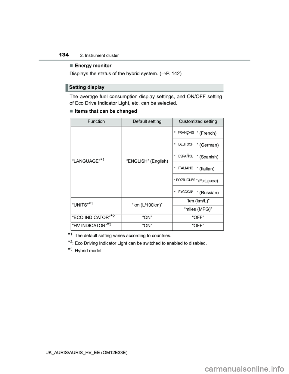 TOYOTA AURIS 2012  Owners Manual (in English) 1342. Instrument cluster
UK_AURIS/AURIS_HV_EE (OM12E33E)
Energy monitor
Displays the status of the hybrid system. (P. 142)
The average fuel consumption display settings, and ON/OFF setting
of Ec
