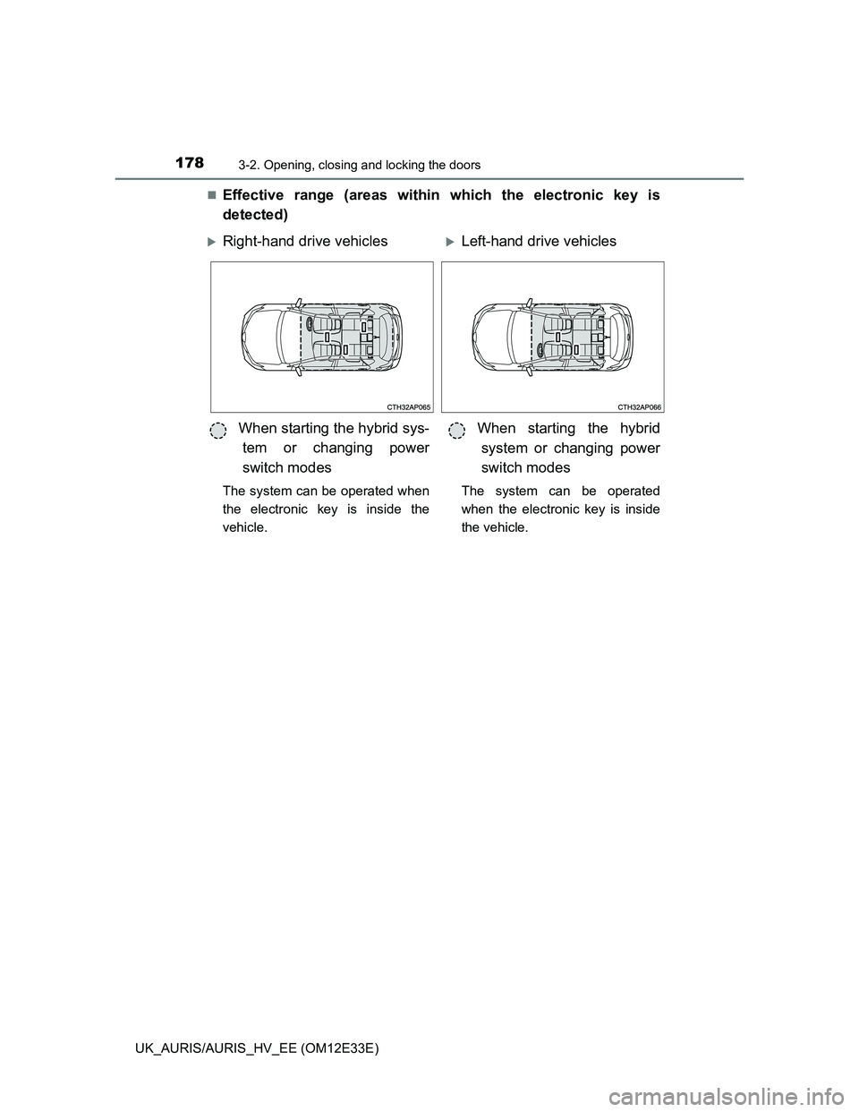 TOYOTA AURIS 2012  Owners Manual (in English) 1783-2. Opening, closing and locking the doors
UK_AURIS/AURIS_HV_EE (OM12E33E)
Effective range (areas within which the electronic key is
detected)
Right-hand drive vehiclesLeft-hand drive veh