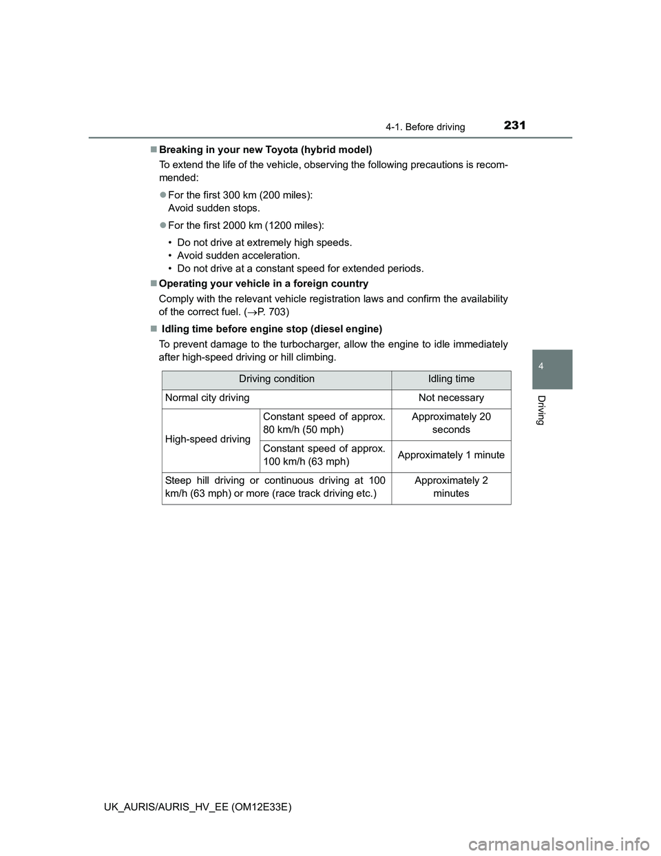 TOYOTA AURIS 2012  Owners Manual (in English) 2314-1. Before driving
UK_AURIS/AURIS_HV_EE (OM12E33E)
4
Driving
Breaking in your new Toyota (hybrid model)
To extend the life of the vehicle, observing the following precautions is recom-
mended:
