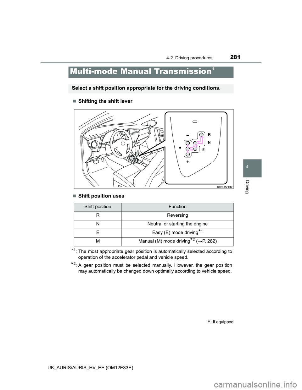 TOYOTA AURIS 2012  Owners Manual (in English) 2814-2. Driving procedures
UK_AURIS/AURIS_HV_EE (OM12E33E)
4
Driving
Shifting the shift lever
Shift position uses
*1: The most appropriate gear position is automatically selected according to
op