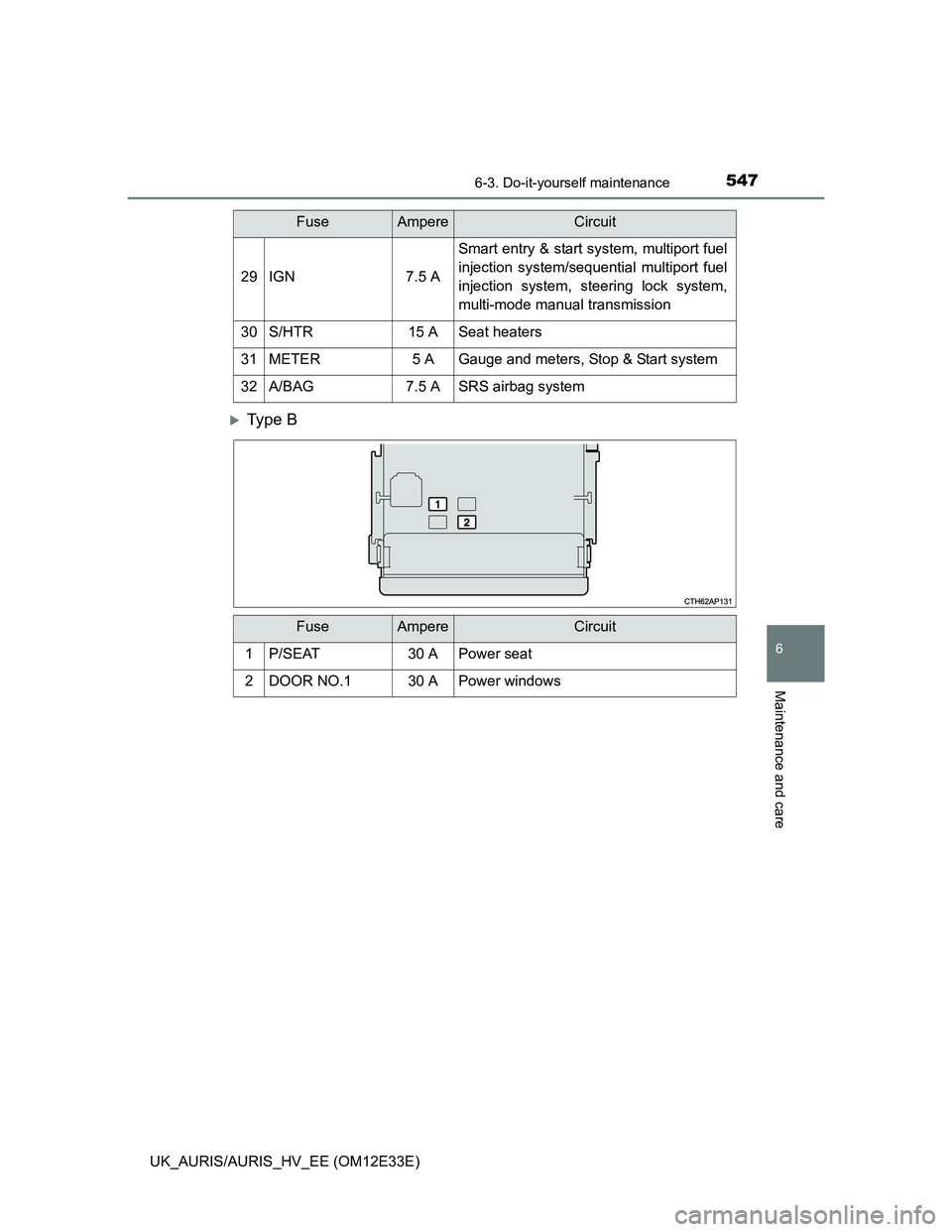 TOYOTA AURIS 2012  Owners Manual (in English) 5476-3. Do-it-yourself maintenance
UK_AURIS/AURIS_HV_EE (OM12E33E)
6
Maintenance and care
Ty p e  B
29IGN7.5 A
Smart entry & start system, multiport fuel
injection system/sequential multiport fuel
