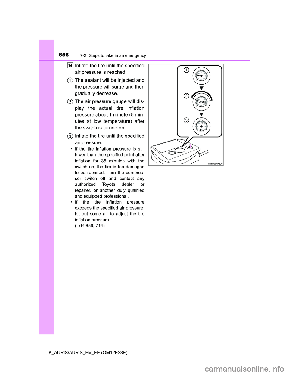 TOYOTA AURIS 2012  Owners Manual (in English) 6567-2. Steps to take in an emergency
UK_AURIS/AURIS_HV_EE (OM12E33E)
Inflate the tire until the specified
air pressure is reached.
The sealant will be injected and
the pressure will surge and then
gr