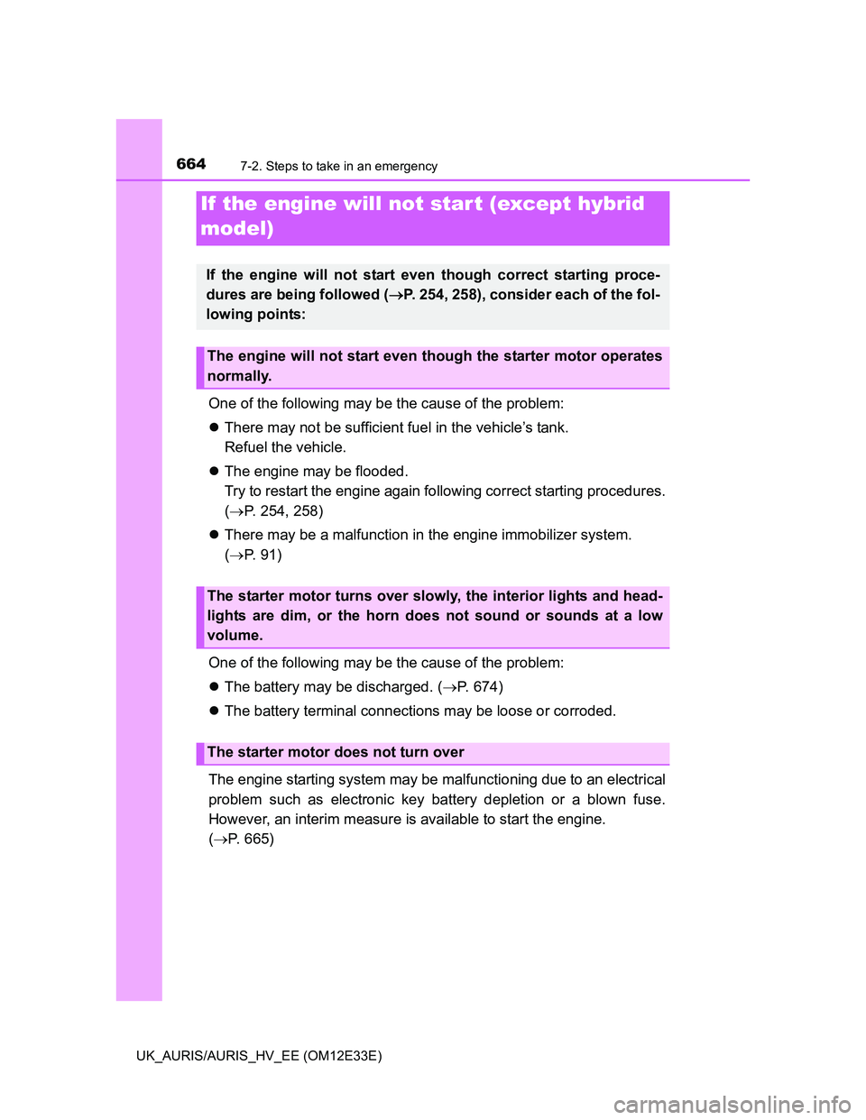 TOYOTA AURIS 2012  Owners Manual (in English) 6647-2. Steps to take in an emergency
UK_AURIS/AURIS_HV_EE (OM12E33E)
One of the following may be the cause of the problem:
There may not be sufficient fuel in the vehicle’s tank. 
Refuel the veh