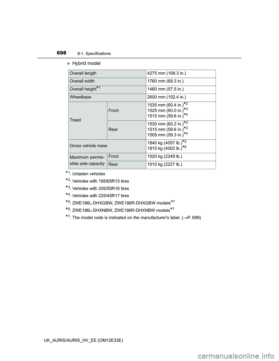 TOYOTA AURIS 2012  Owners Manual (in English) 6988-1. Specifications
UK_AURIS/AURIS_HV_EE (OM12E33E)
Hybrid model
*1: Unladen vehicles
*2: Vehicles with 195/65R15 tires
*3: Vehicles with 205/55R16 tires
*4: Vehicles with 225/45R17 tires
*5: ZW
