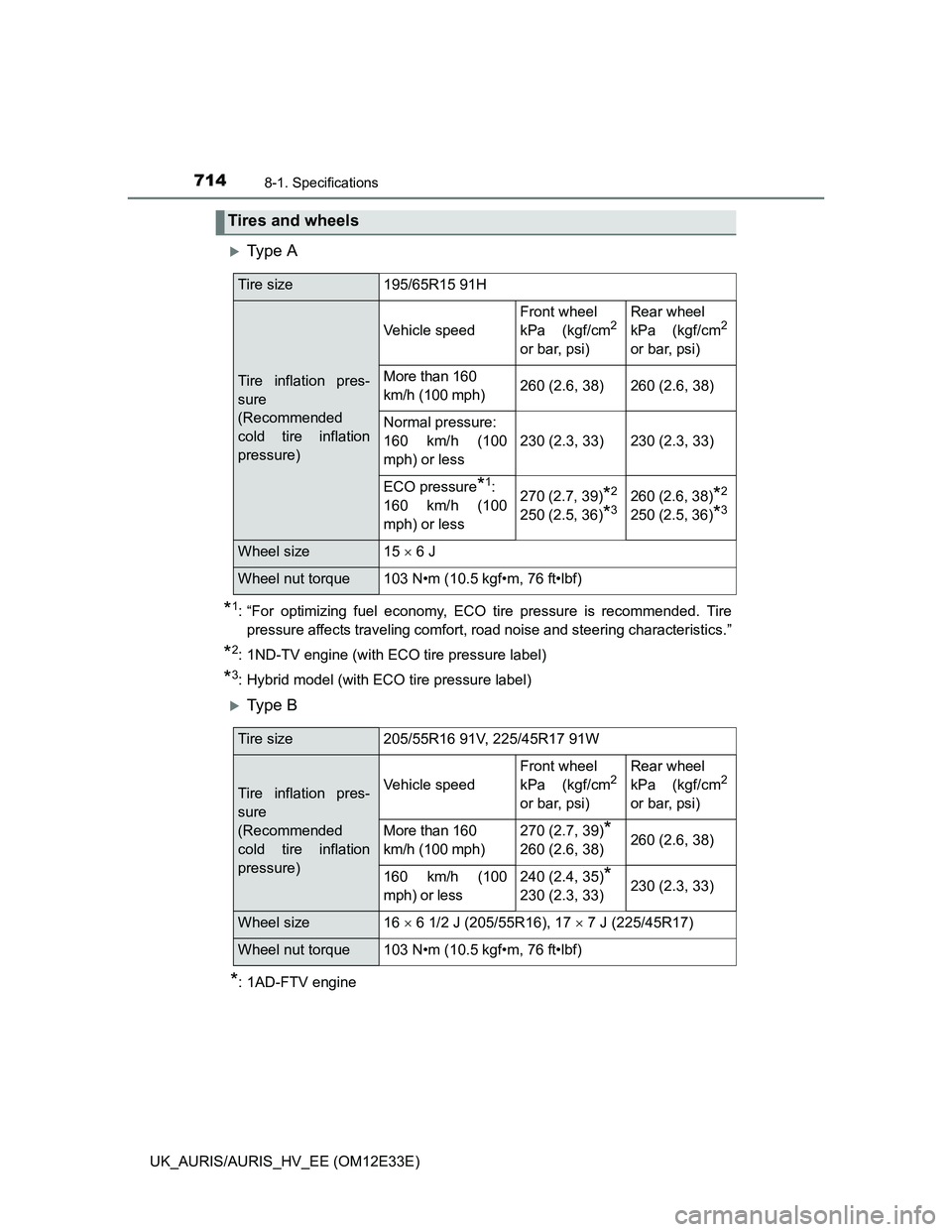 TOYOTA AURIS 2012  Owners Manual (in English) 7148-1. Specifications
UK_AURIS/AURIS_HV_EE (OM12E33E)
Ty p e  A
*1: “For optimizing fuel economy, ECO tire pressure is recommended. Tire
pressure affects traveling comfort, road noise and steeri